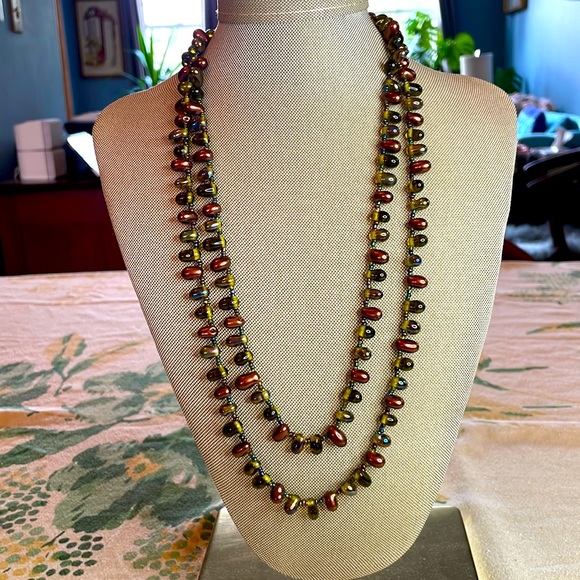 Jewelry - Bronze and green oblong glass beads and tiny seed bead spacer bead long necklace